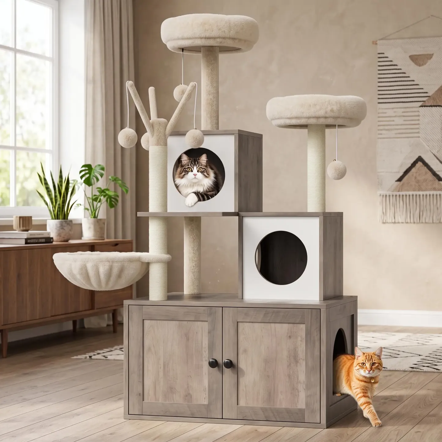 Casa moderna para gatos 2 en 1 con torre y espacio cerrado para el arenero