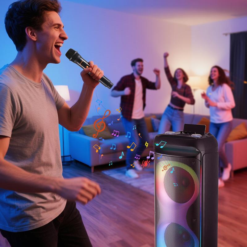 Altavoz PA Bluetooth Recargable — Doble Woofer de 12" + Tweeter de 1.5" — Caja de Sonido Portátil e Inalámbrica — Incluye 2 Micrófonos, Control Remoto y Luces LED para Fiestas