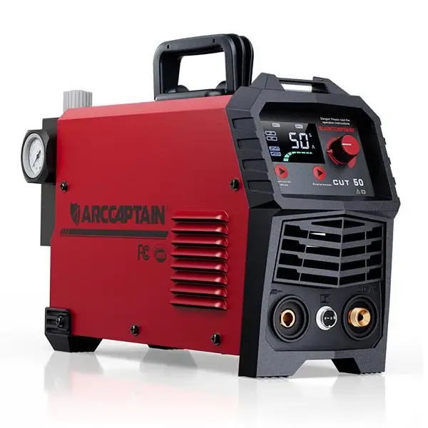 Cortadora de plasma CUT-50 de 50A con inversor IGBT, voltaje dual 110/220V, pantalla LED, corte limpio de metal y diseño portátil.