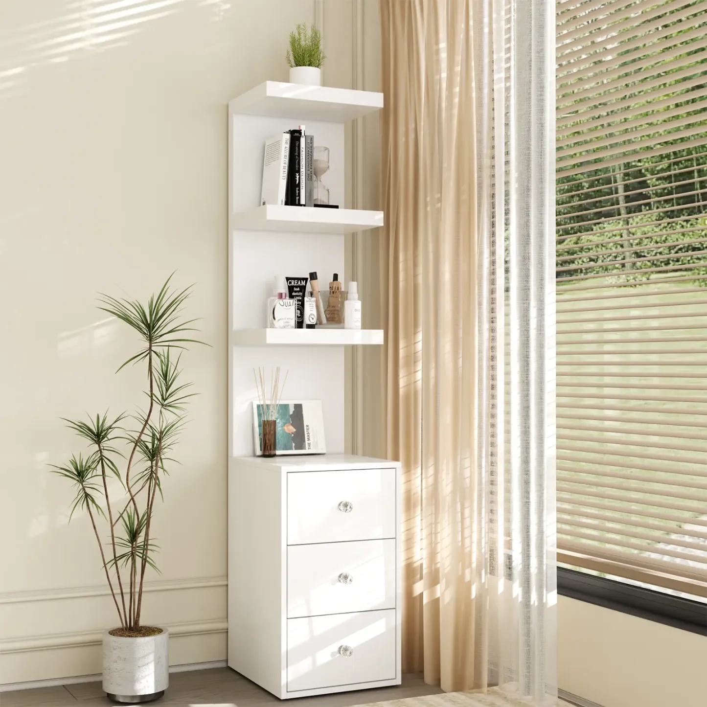 Mesita de noche moderna de 3 niveles con 3 cajones y luz LED para dormitorio o tocador