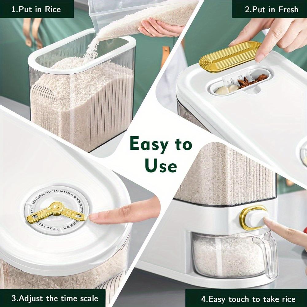 GHQ Rice Dispenser with Measuring Cup & Time Scale - 11.02LB/22.05LB Dustproof Stackable Durable Plastic Multi-Compartment Food-Safe Set for Kitchen Storage Organization, Home Organization, Ingredient Holding