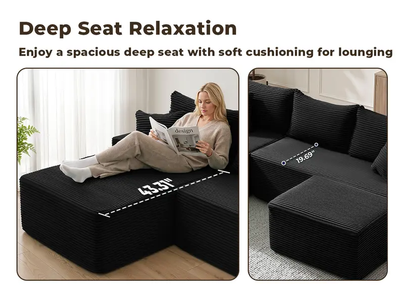 【1-2 Packages】118" U Shaped Boneless  Sectional Sofa bed with 2 Pillows, 6-Seater Oversized Modular Couch, Comfy Corduroy Cloud Sofa with Deep Seat, Fluffy Cozy Sofa for Living Room, No Assembly Required
