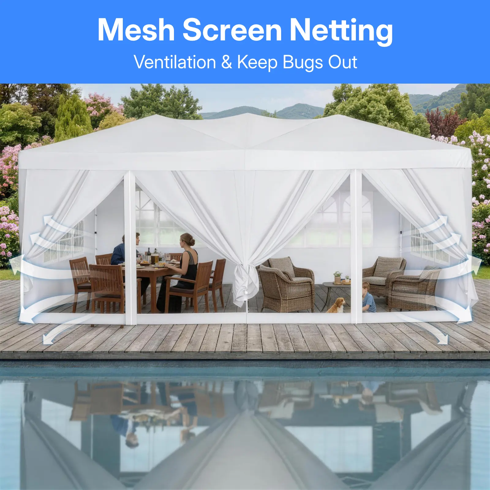 Carpa Gazebo Plegable Resistente de 10 x 20 Pies, Tela Oxford 420D Impermeable y con Protección UV, Techo Triangular, Estructura Ajustable en 3 Niveles, 6 Paredes Laterales, Mosquiteros y Accesorios de Acero Reforzado, Ideal para Bodas y Camping.
