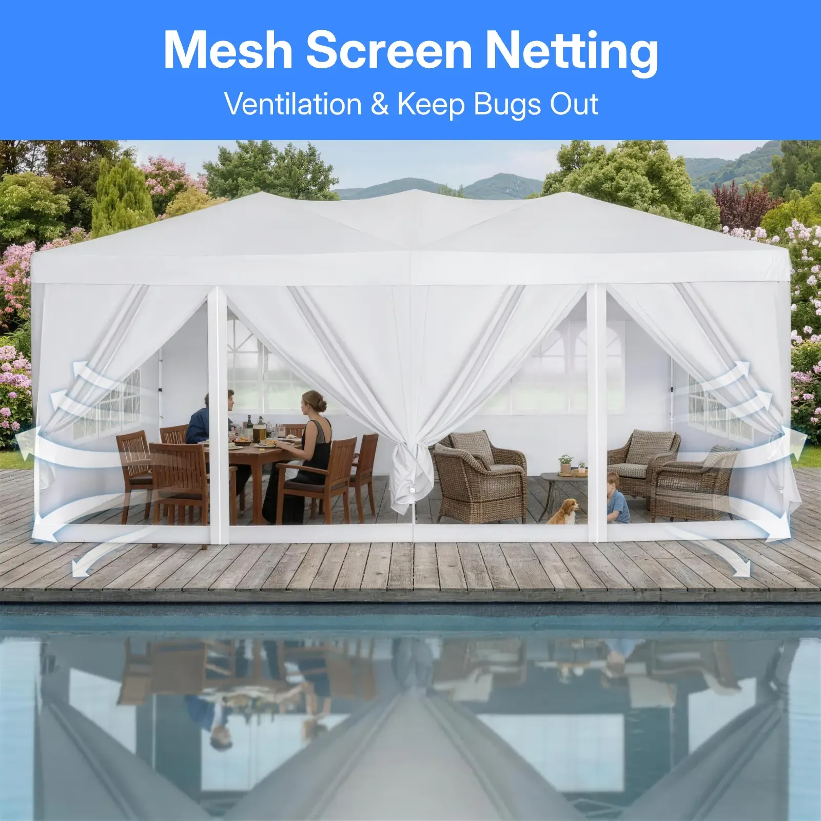 Carpa Gazebo Plegable Resistente de 10 x 20 Pies, Tela Oxford 420D Impermeable y con Protección UV, Techo Triangular, Estructura Ajustable en 3 Niveles, 6 Paredes Laterales, Mosquiteros y Accesorios de Acero Reforzado, Ideal para Bodas y Camping.