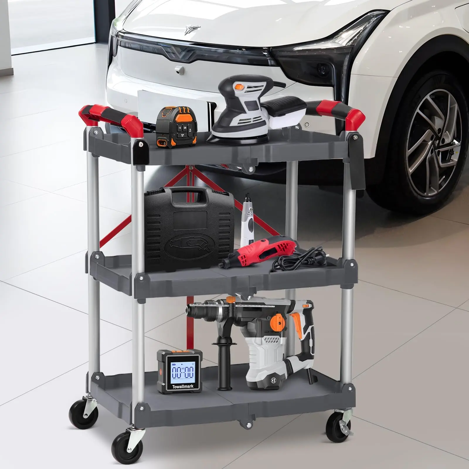Carrito multiusos plegable de 3 niveles para el hogar y la oficina: capacidad de 150 libras, ruedas giratorias de 360° con freno, listo para usar, organizador con ruedas versátil.