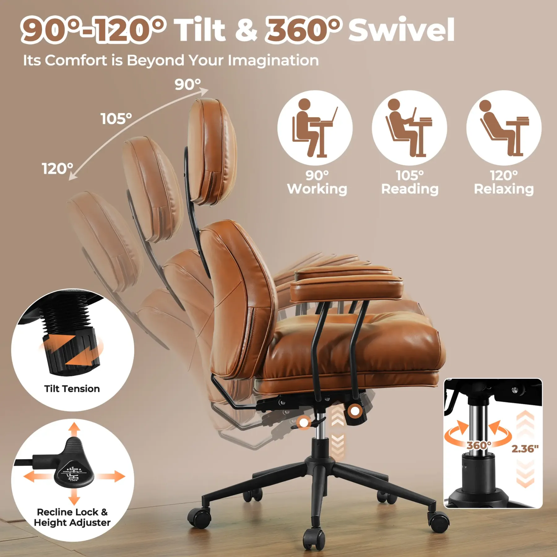 Silla de oficina de estilo moderno de mediados de siglo, de gran tamaño y con cojines gruesos