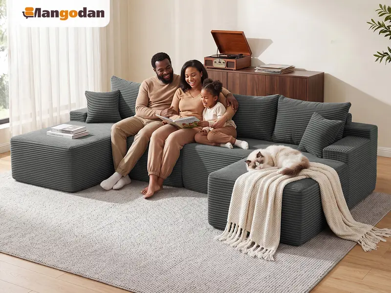 【1-2 Packages】118" U Shaped Boneless  Sectional Sofa bed with 2 Pillows, 6-Seater Oversized Modular Couch, Comfy Corduroy Cloud Sofa with Deep Seat, Fluffy Cozy Sofa for Living Room, No Assembly Required