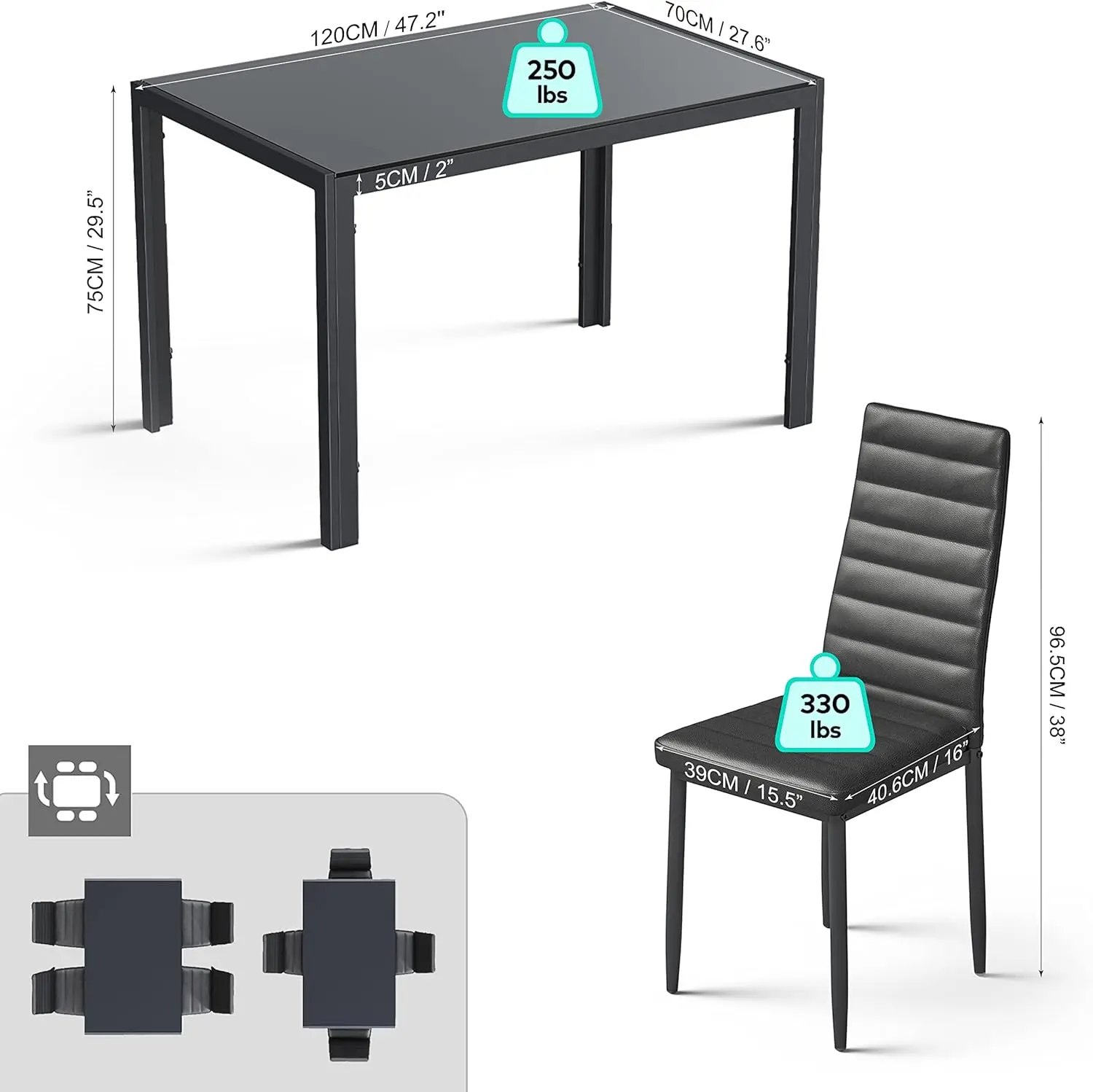Juego de comedor de 5 piezas con mesa de vidrio y sillas para 4 personas, diseño moderno con cuero PU, ideal para cocina, sala de estar, apartamentos y decoración del hogar.