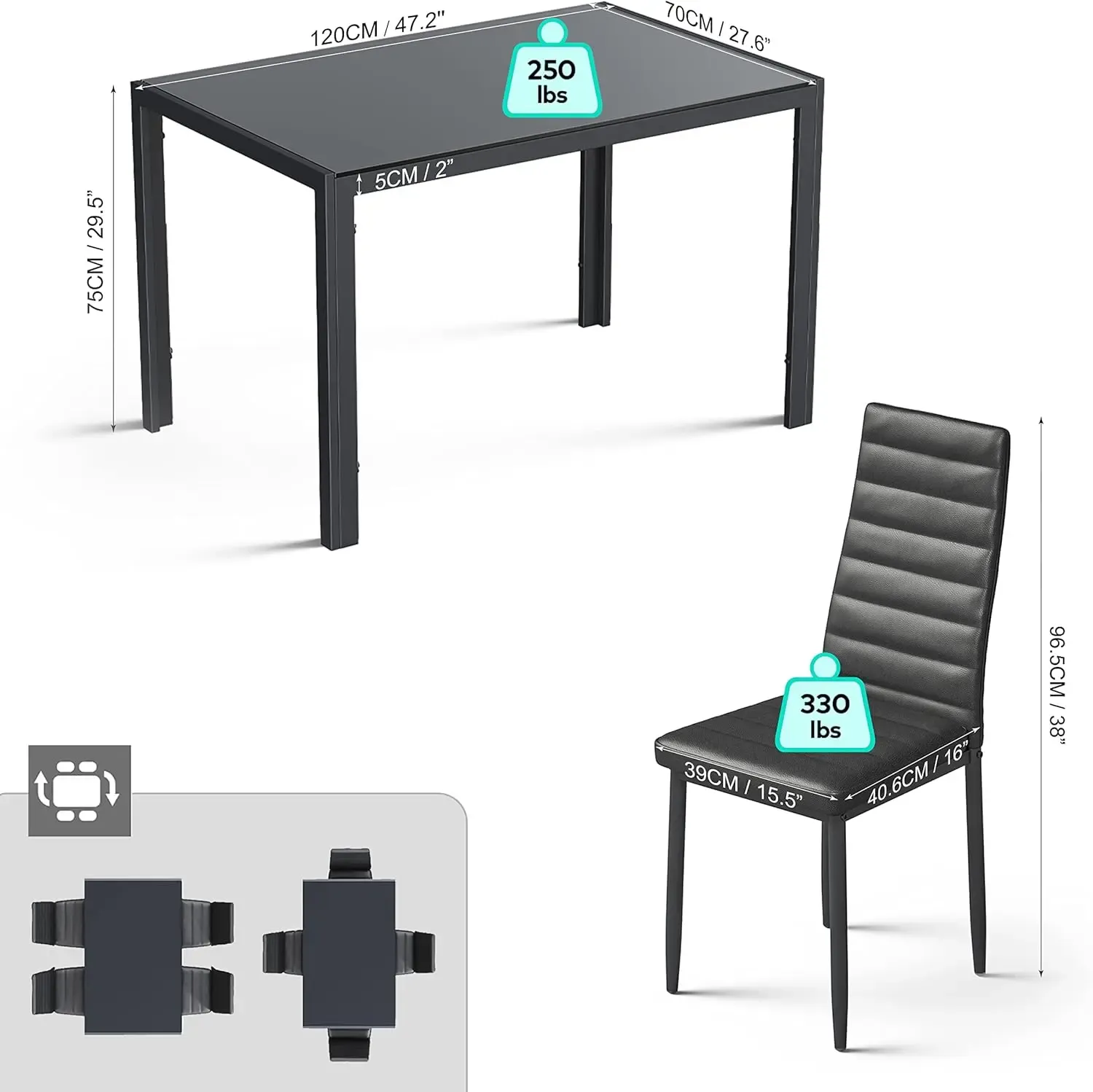 Juego de comedor de 5 piezas con mesa de vidrio y sillas para 4 personas, diseño moderno con cuero PU, ideal para cocina, sala de estar, apartamentos y decoración del hogar.