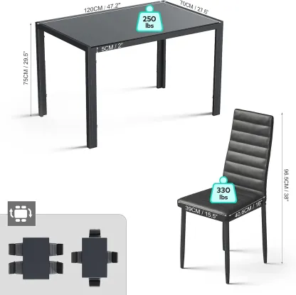 Juego de comedor de 5 piezas con mesa de vidrio y sillas para 4 personas, diseño moderno con cuero PU, ideal para cocina, sala de estar, apartamentos y decoración del hogar.
