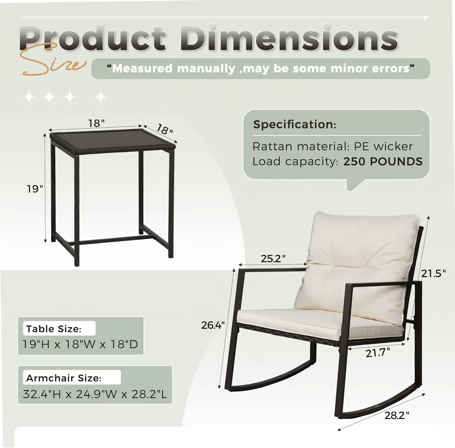 Set de bistró mecedor para exteriores de 3 piezas: muebles de mimbre negro, sillas para porche y mesa de centro de cristal.