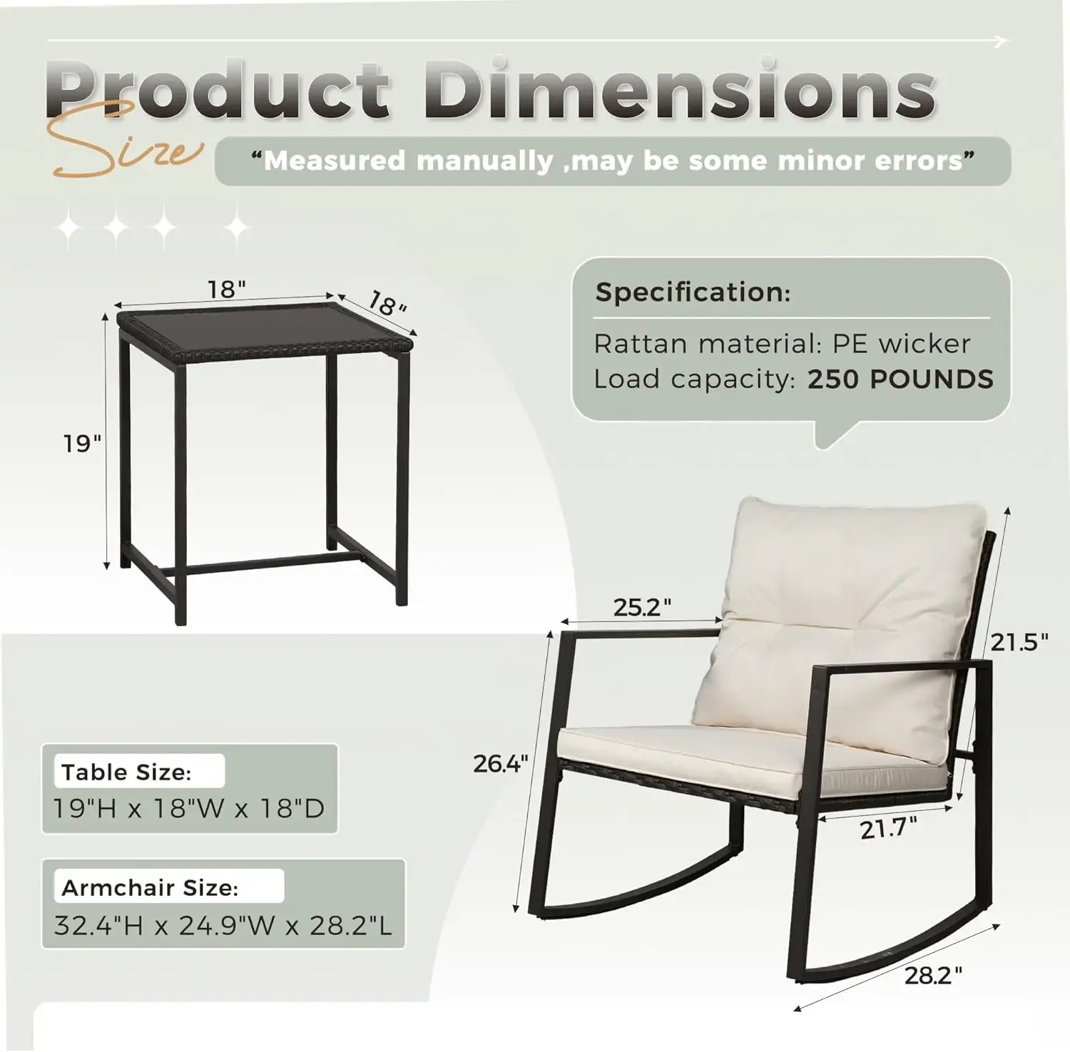 Set de bistró mecedor para exteriores de 3 piezas: muebles de mimbre negro, sillas para porche y mesa de centro de cristal.