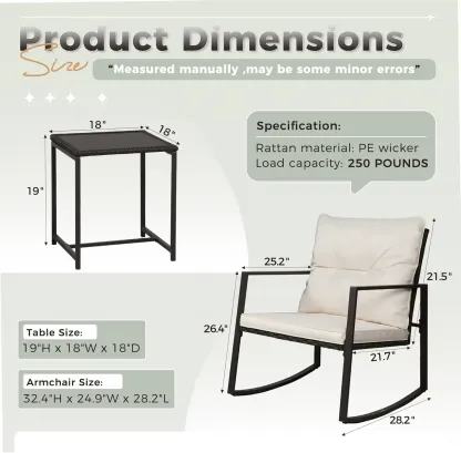 Set de bistró mecedor para exteriores de 3 piezas: muebles de mimbre negro, sillas para porche y mesa de centro de cristal.
