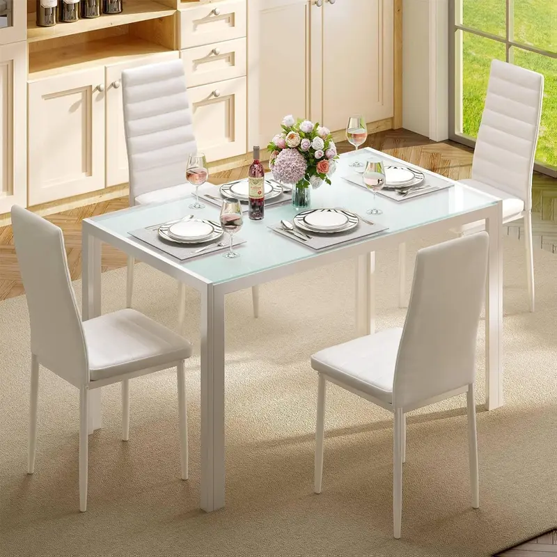 Juego de comedor de 5 piezas con mesa de vidrio y sillas para 4 personas, diseño moderno con cuero PU, ideal para cocina, sala de estar, apartamentos y decoración del hogar.