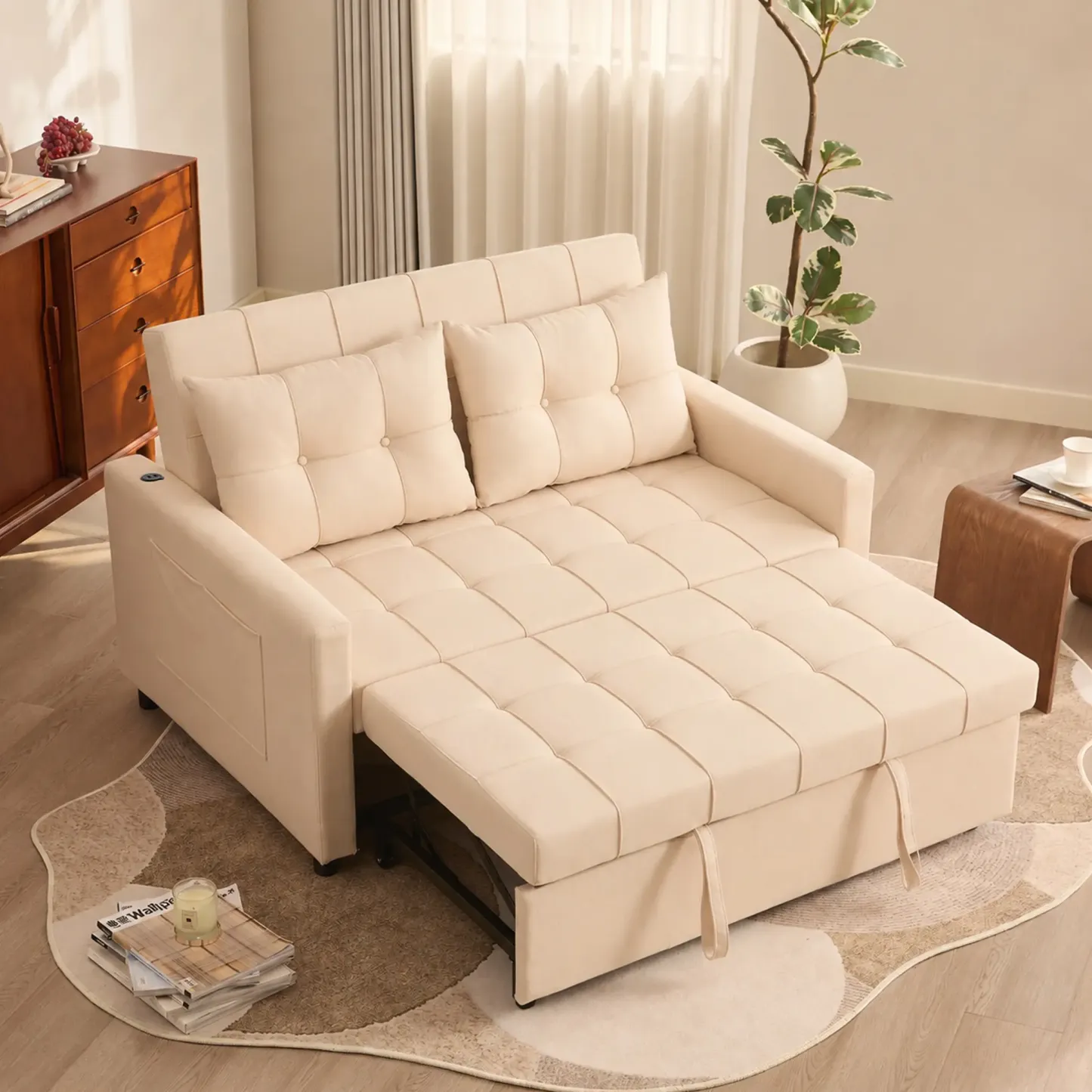 Sofá cama de 52" con cama extraíble, sofá, sofá cama convertible 3 en 1, sofá de dos plazas con respaldo ajustable sin escalones y bolsillo lateral, para sala de estar, dormitorio, apartamento, cama de día, sofás para sala