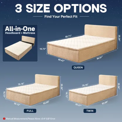 Cama moderna sin huesos todo en uno, cama a ras de suelo con pana suave y mullida para un sueño profundo, espuma viscoelástica de firmeza media para aliviar el dolor de espalda, colchón con aislamiento de movimiento en caja y sin necesidad de montaje.