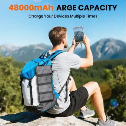 Batería Externa Solar de 48.000 mAh, Cargador Portátil Inalámbrico con 4 Cables Integrados y 7 Salidas, Carga Rápida de 15 W con USB-C y Linterna, Compatible con Todos los Dispositivos Móviles.