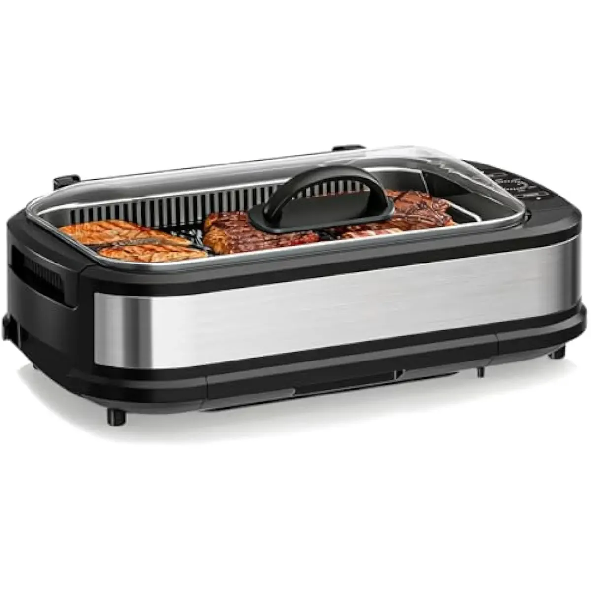 Parrilla Eléctrica de Interior sin Humo de 1500 W, con Tapa de Vidrio Templado, Parrilla Antiadherente para BBQ Coreana, 6 Niveles de Control de Temperatura, Extractor de Humo Doble, Bandeja de Goteo y Piezas Aptas para Lavavajillas, Ideal para el Hogar