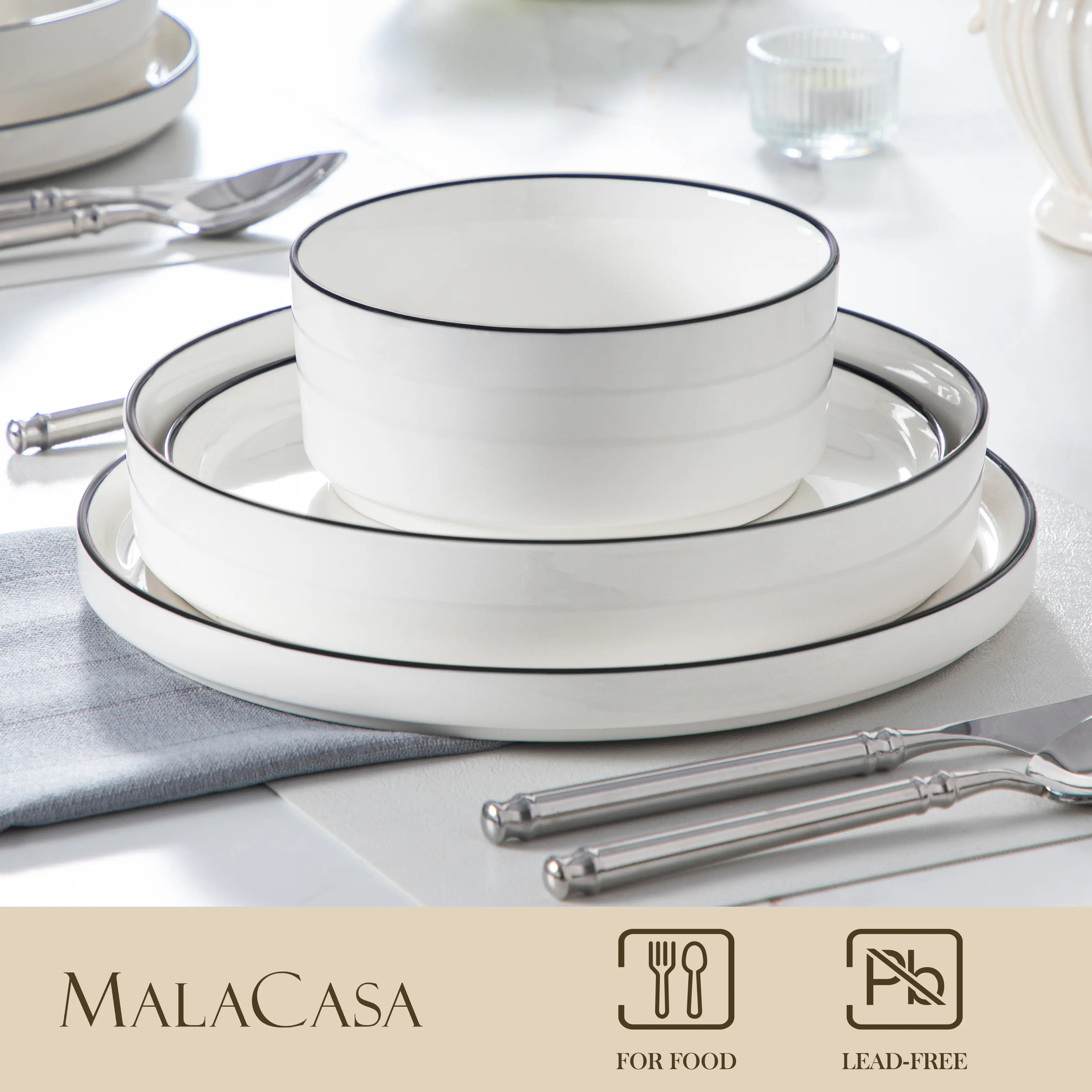 Juego de vajilla de porcelana: servicio de vajilla de cerámica para 4 o 6 personas; incluye platos, cuencos y platos para pasta resistentes a los golpes, aptos para microondas y lavavajillas.