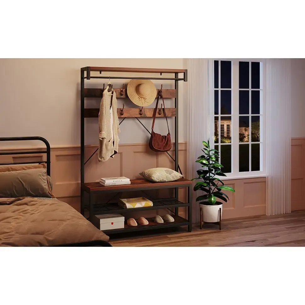 Perchero Industrial de Entrada con Banco, 2 Niveles para Zapatos, 8 Ganchos, Barra y Estante Superior, Metal y Madera.