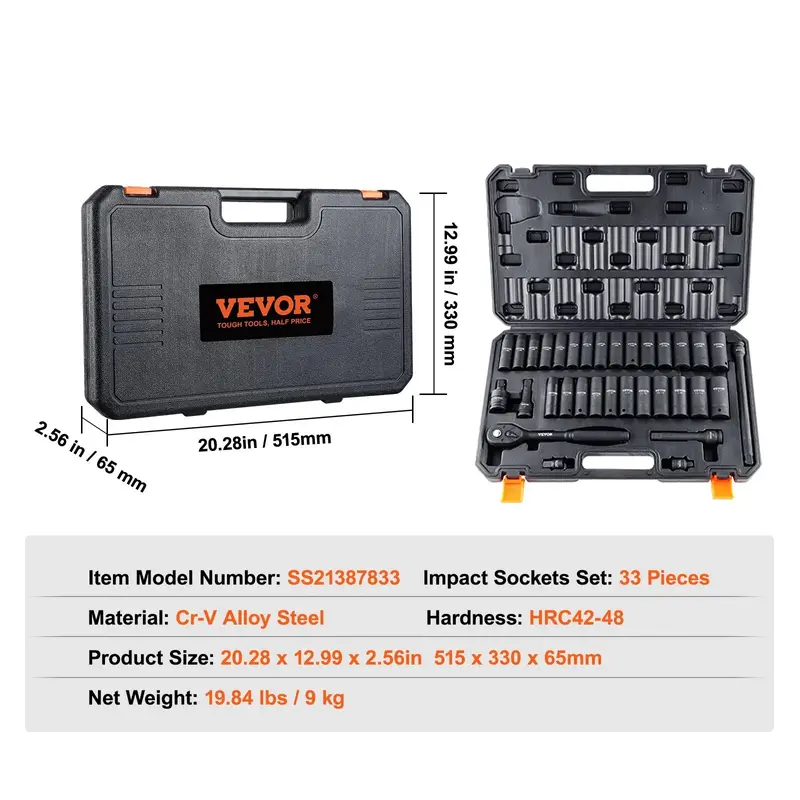 **Juego de Vasos de Impacto de 1/2" de 65 Piezas con Acero Cr-V, Vasos SAE y Métricos de 6 Puntas, Estuche de Almacenamiento para Reparación de Autos.**