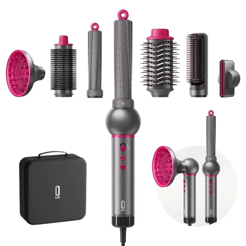 Set de cepillo secador y moldeador de aire caliente 7 en 1 con tecnología de iones negativos y alta velocidad: cabezales intercambiables, rizador automático, alisado, aumento de volumen y efecto antiencrespamiento.