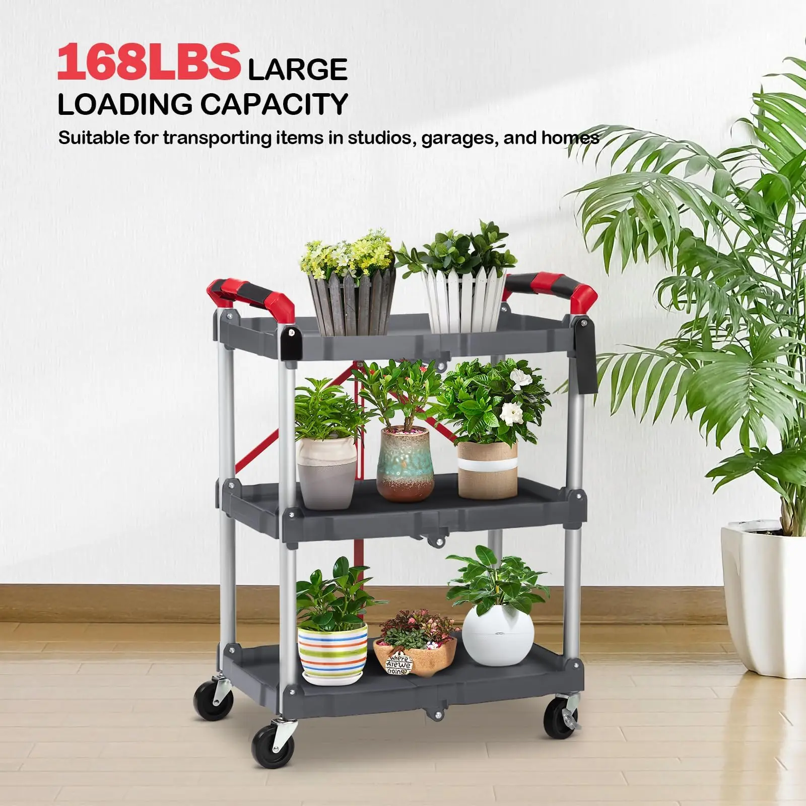 Carrito multiusos plegable de 3 niveles para el hogar y la oficina: capacidad de 150 libras, ruedas giratorias de 360° con freno, listo para usar, organizador con ruedas versátil.