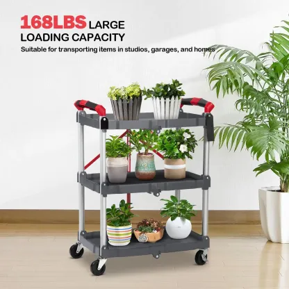 Carrito multiusos plegable de 3 niveles para el hogar y la oficina: capacidad de 150 libras, ruedas giratorias de 360° con freno, listo para usar, organizador con ruedas versátil.