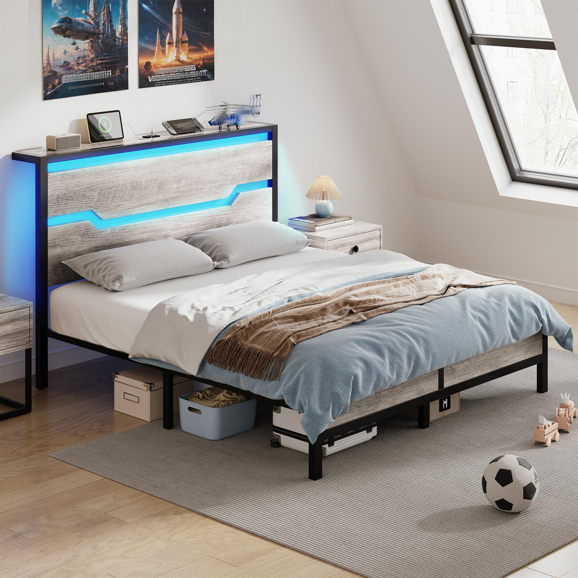 Raybee LED Bed Frame for Queen King Full with Headboard & Storage Shelf, No Mattress, Modern Industrial Wood Platform Bed Frame with Built-In Charging Station, No Noise, Capacity 900LBS with Metal Slats for Bedroom, First Apartment, Teens, Dorms