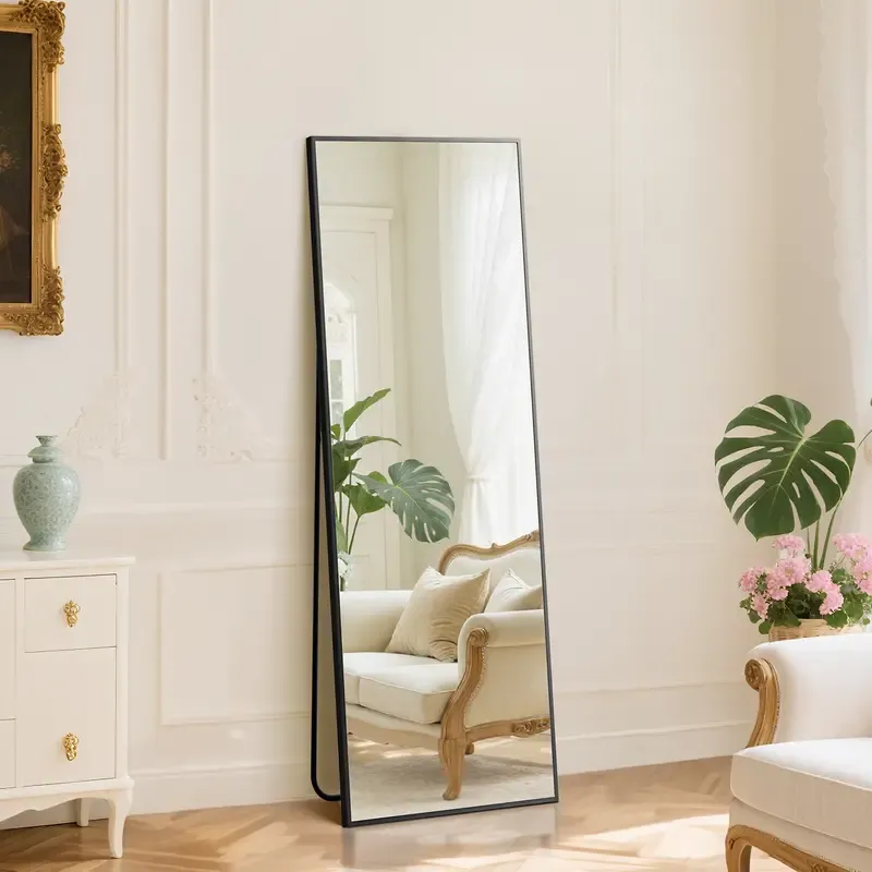 Espejo de cuerpo entero con soporte y marco de aluminio para dormitorio y sala de estar