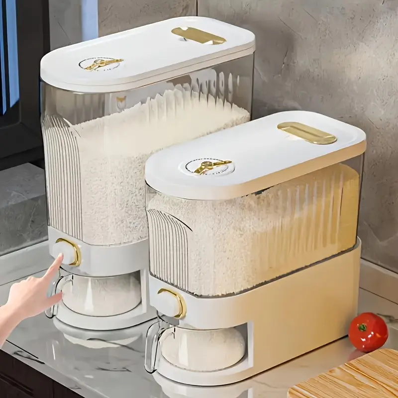 Dispensador de arroz con taza medidora y escala de tiempo - 11.02 lb/22.05 lb, a prueba de polvo, apilable, de plástico duradero, con múltiples compartimentos, apto para alimentos.
