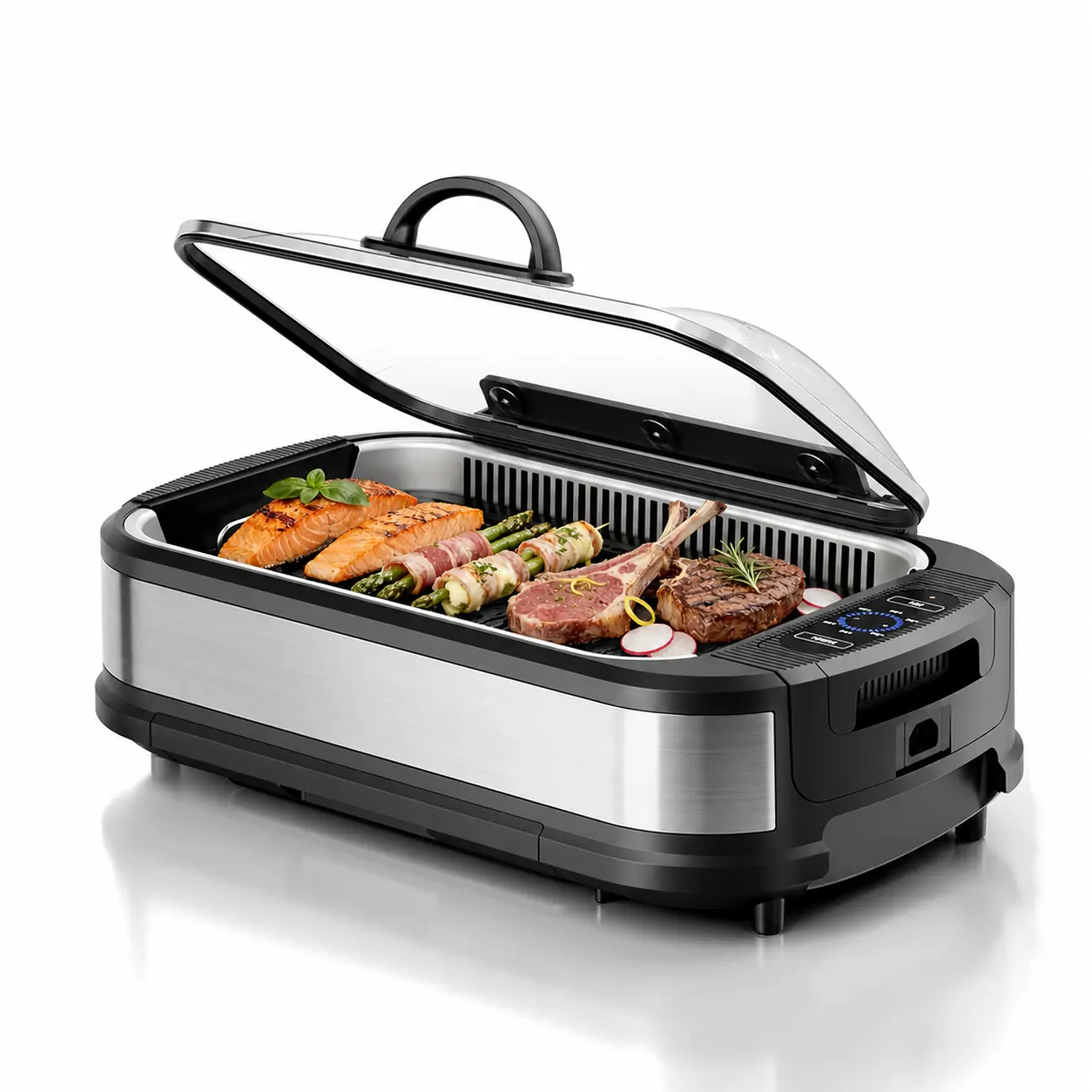 Parrilla Eléctrica de Interior sin Humo de 1500 W, con Tapa de Vidrio Templado, Parrilla Antiadherente para BBQ Coreana, 6 Niveles de Control de Temperatura, Extractor de Humo Doble, Bandeja de Goteo y Piezas Aptas para Lavavajillas, Ideal para el Hogar