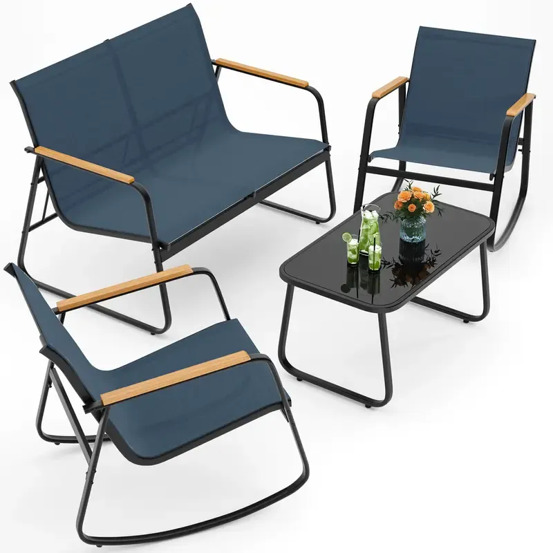 Juego de muebles de patio modernos de 4 piezas, resistente conjunto para zona de conversación: resistente a la intemperie, estable y con reposabrazos de madera; incluye 2 mecedoras y mesa de centro para patio o balcón.