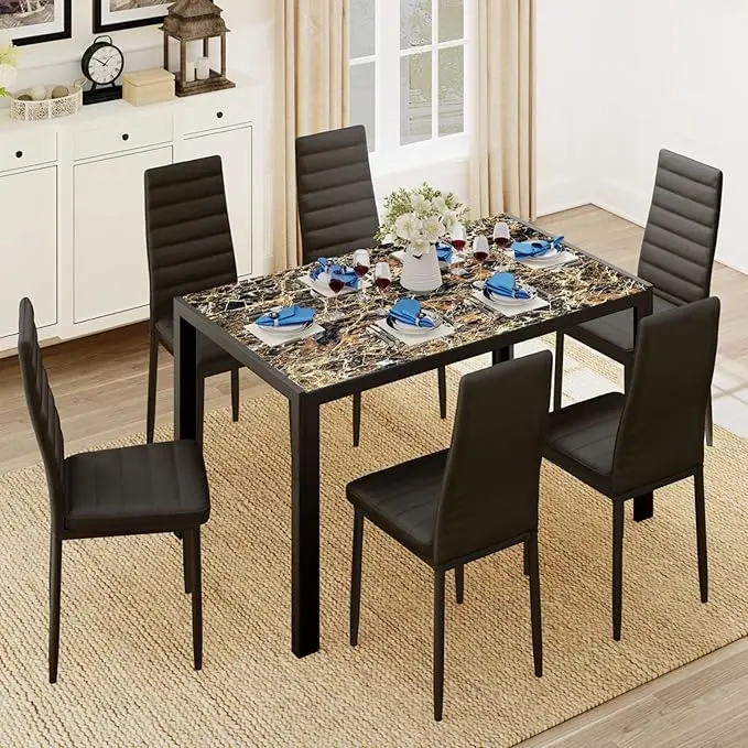 Juego de comedor de 5 piezas con mesa de vidrio y sillas para 4 personas, diseño moderno con cuero PU, ideal para cocina, sala de estar, apartamentos y decoración del hogar.