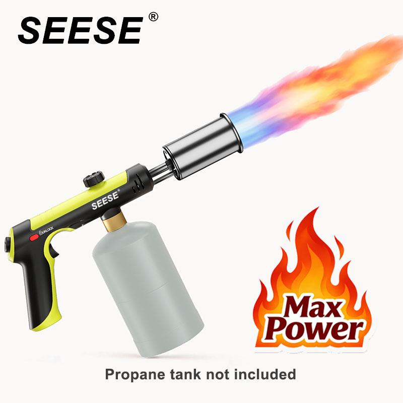 Potente soplete de propano SEESE (tanque de propano no incluido), con botón de llama máxima de un solo toque y bloqueo de seguridad; soplete ajustable para sellar carne (sous vide), barbacoas, chimeneas y encendido de carbón o leña.