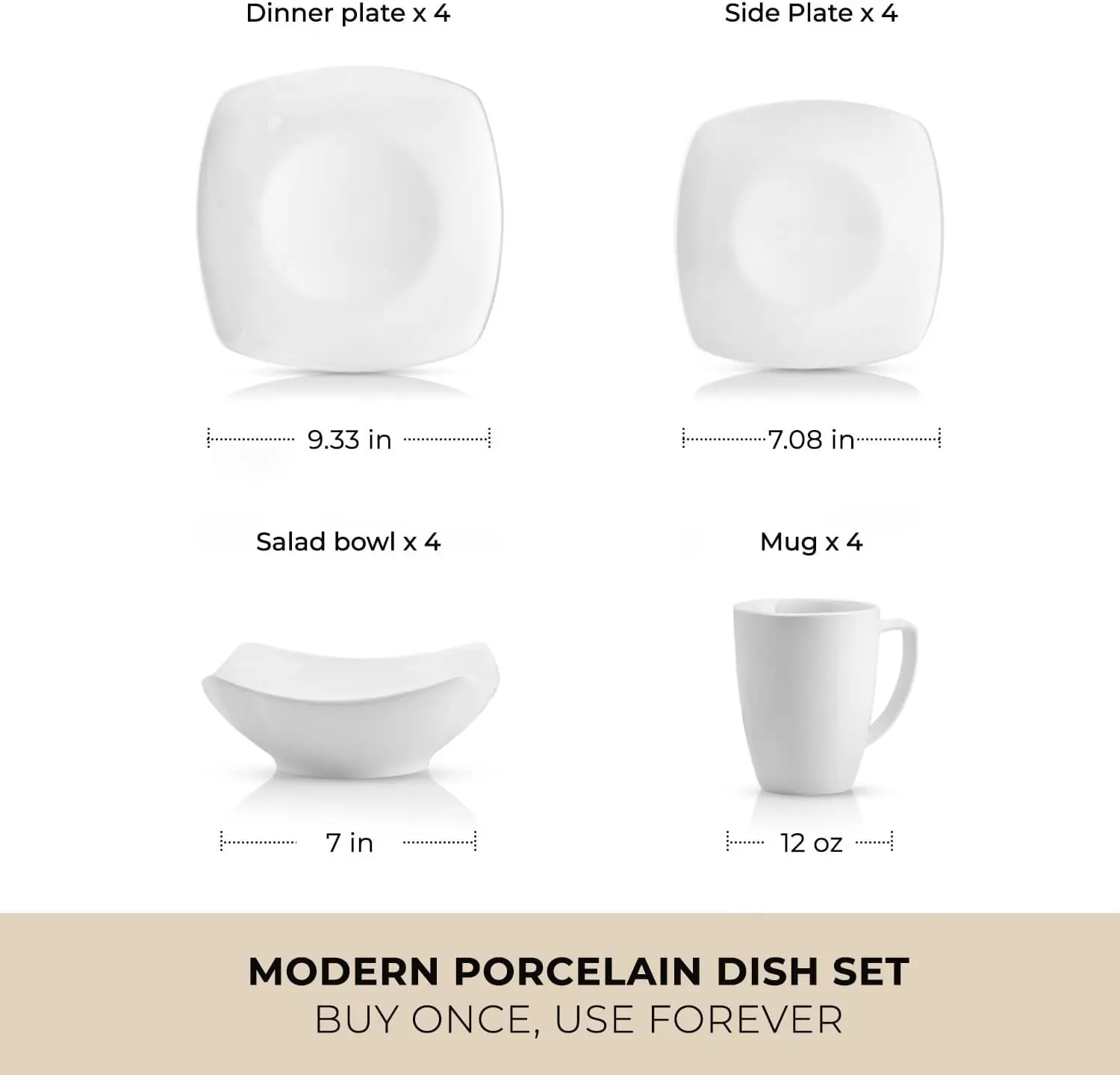 Juego de vajilla de 16 piezas para 4 personas: platos cuadrados de porcelana elegantes y duraderos, resistentes a golpes y arañazos, aptos para lavavajillas y microondas.