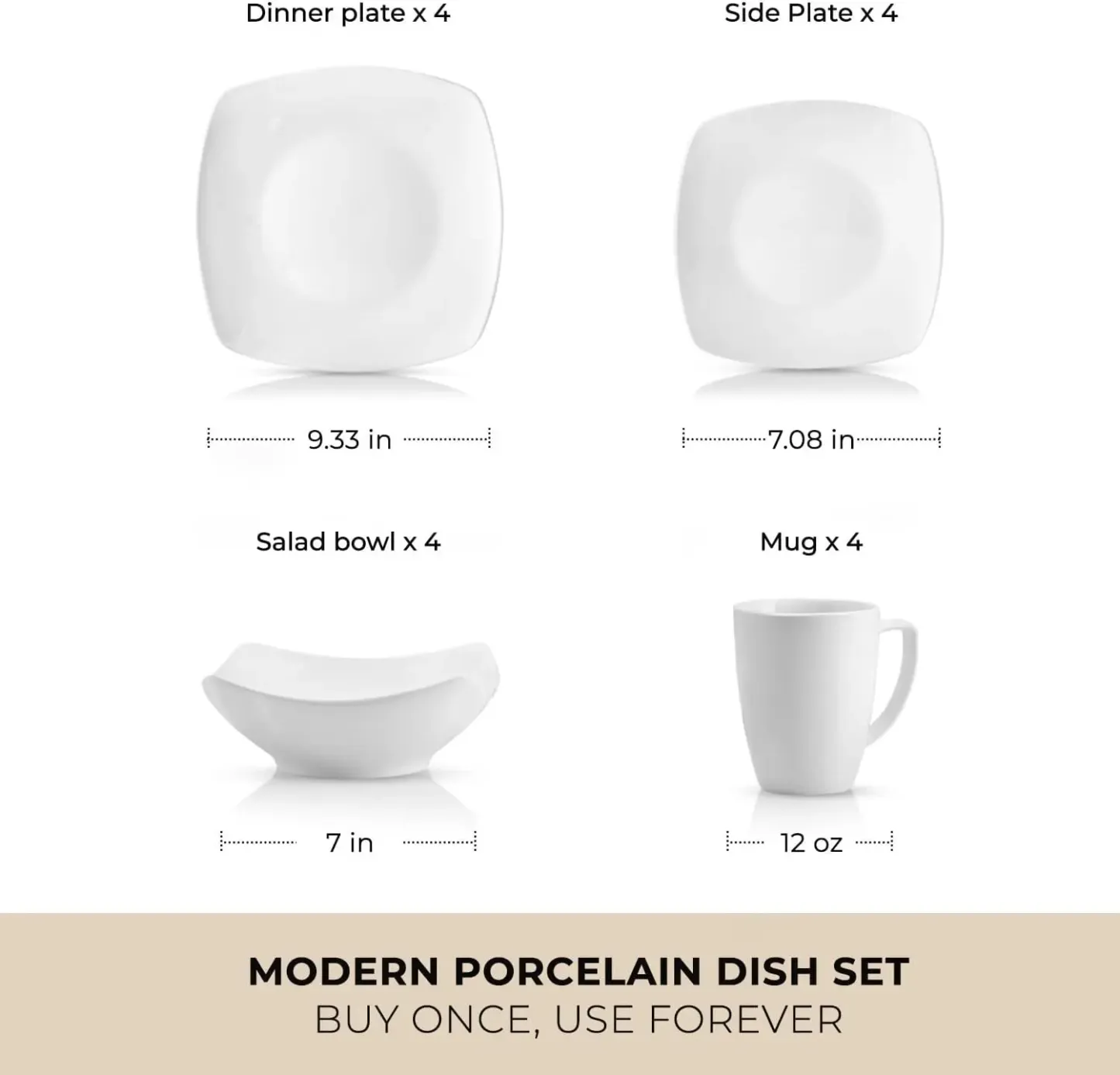 Juego de vajilla de 16 piezas para 4 personas: platos cuadrados de porcelana elegantes y duraderos, resistentes a golpes y arañazos, aptos para lavavajillas y microondas.