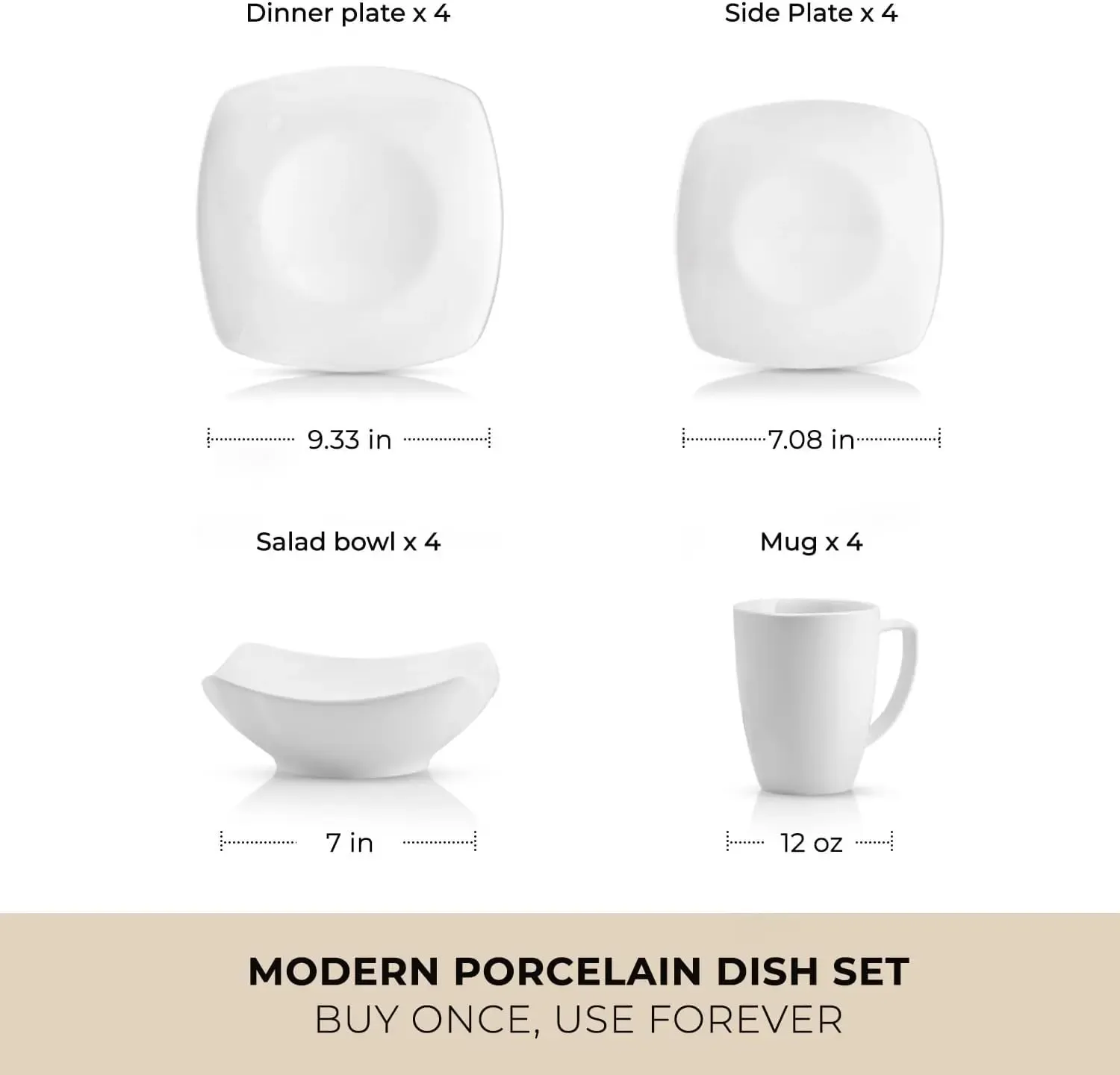 Juego de vajilla de 16 piezas para 4 personas: platos cuadrados de porcelana elegantes y duraderos, resistentes a golpes y arañazos, aptos para lavavajillas y microondas.