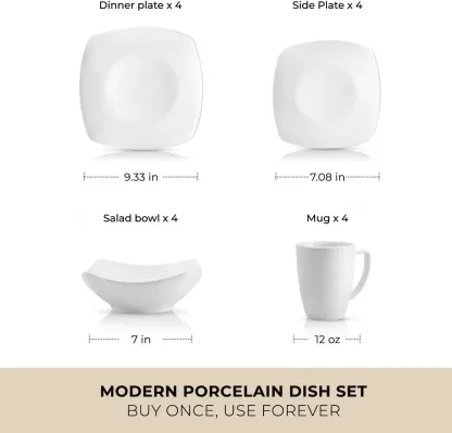 Juego de vajilla de 16 piezas para 4 personas: platos cuadrados de porcelana elegantes y duraderos, resistentes a golpes y arañazos, aptos para lavavajillas y microondas.