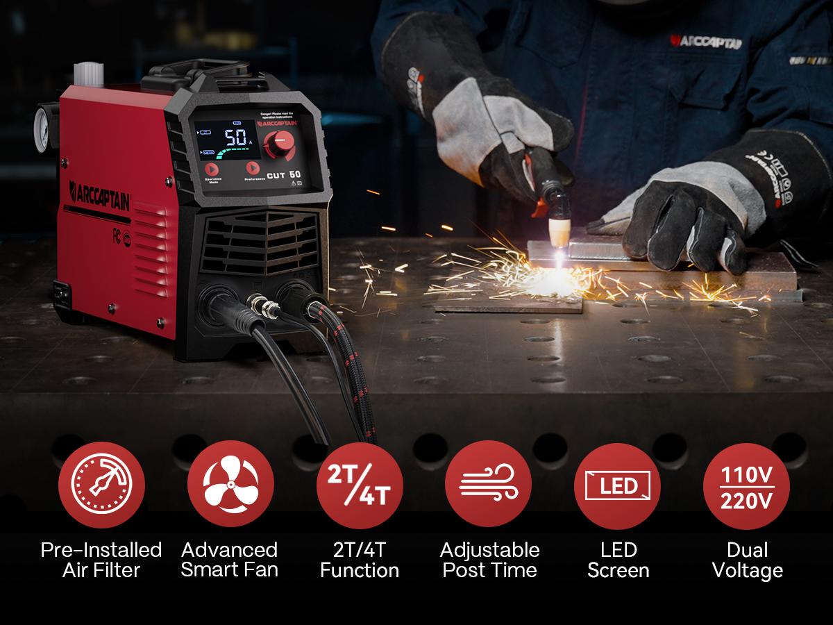ARCCAPTAIN CUT-50 Plasma Cutter Welder, 50A DC Inverter IGBT Portable Welder Tool with Large LED Display, 110/220V Dual Voltage, 1/2in Metal Clean Cut, Post Flow & 2T/4T Torch Modes for Beginners, Portable Welding Machine, 110/220V Dc