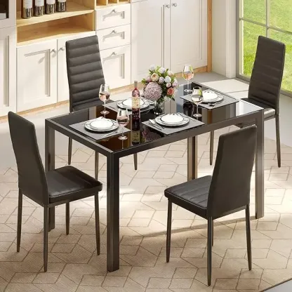 Juego de comedor de 5 piezas con mesa de vidrio y sillas para 4 personas, diseño moderno con cuero PU, ideal para cocina, sala de estar, apartamentos y decoración del hogar.