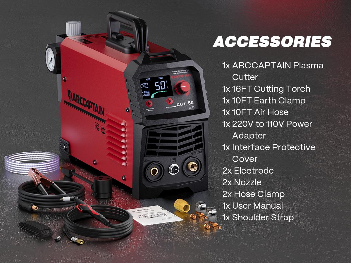 ARCCAPTAIN CUT-50 Plasma Cutter Welder, 50A DC Inverter IGBT Portable Welder Tool with Large LED Display, 110/220V Dual Voltage, 1/2in Metal Clean Cut, Post Flow & 2T/4T Torch Modes for Beginners, Portable Welding Machine, 110/220V Dc