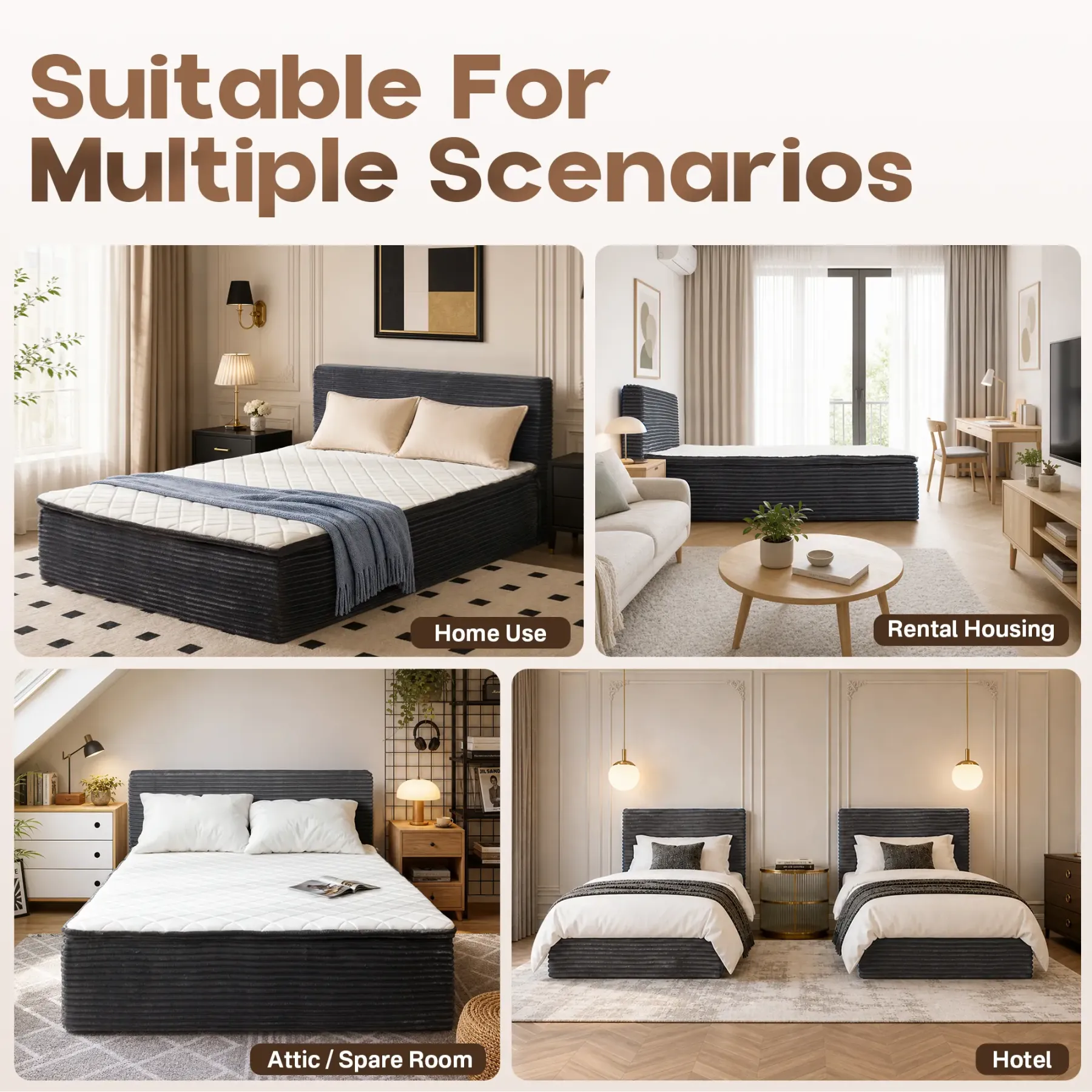 Cama moderna sin huesos todo en uno, cama a ras de suelo con pana suave y mullida para un sueño profundo, espuma viscoelástica de firmeza media para aliviar el dolor de espalda, colchón con aislamiento de movimiento en caja y sin necesidad de montaje.