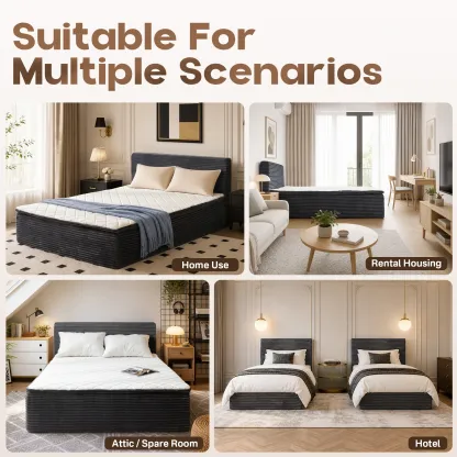 Cama moderna sin huesos todo en uno, cama a ras de suelo con pana suave y mullida para un sueño profundo, espuma viscoelástica de firmeza media para aliviar el dolor de espalda, colchón con aislamiento de movimiento en caja y sin necesidad de montaje.