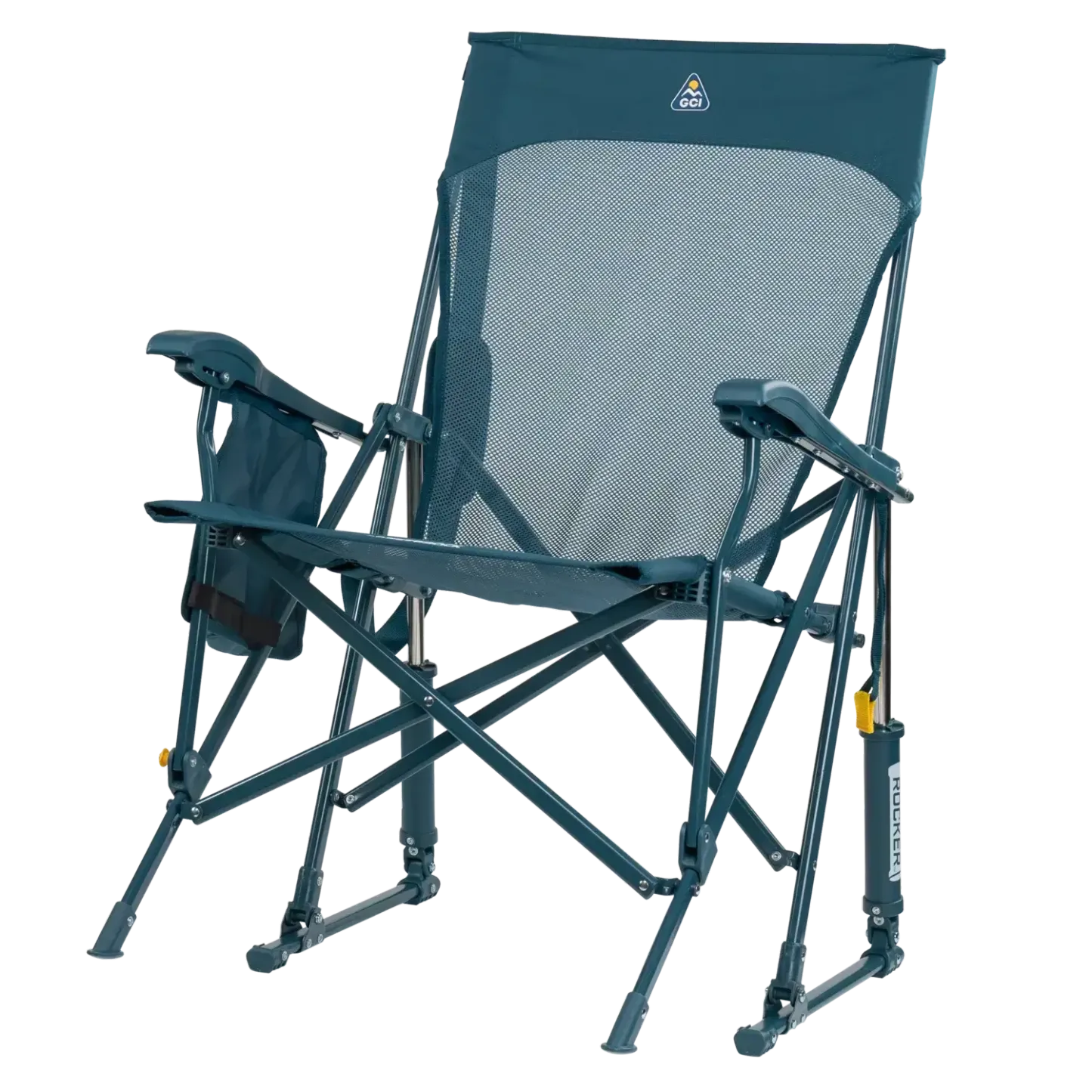 Silla GCI Outdoor BreezeRocker con mecanismo de balanceo por resorte y respaldo de malla, color verde azulado y negro.