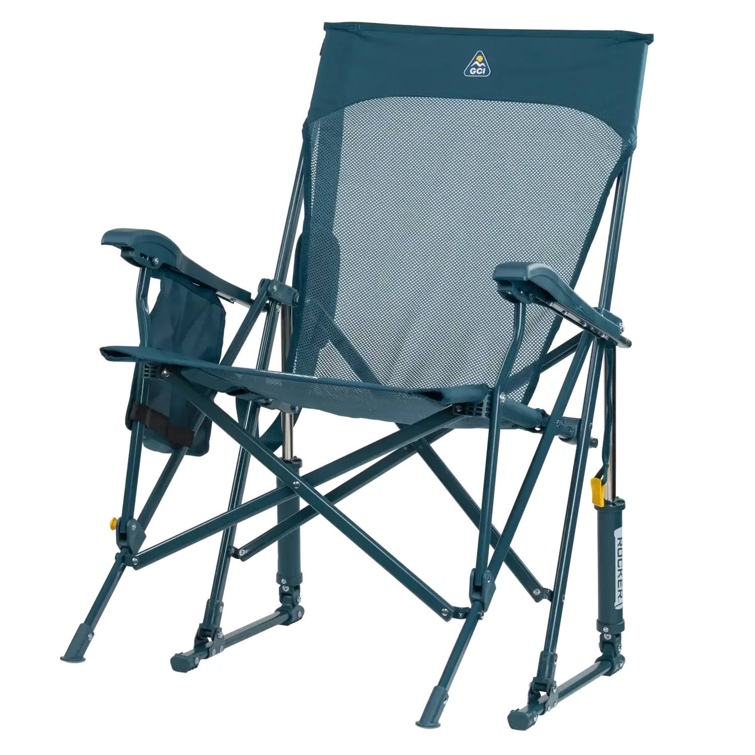 Silla GCI Outdoor BreezeRocker con mecanismo de balanceo por resorte y respaldo de malla, color verde azulado y negro.