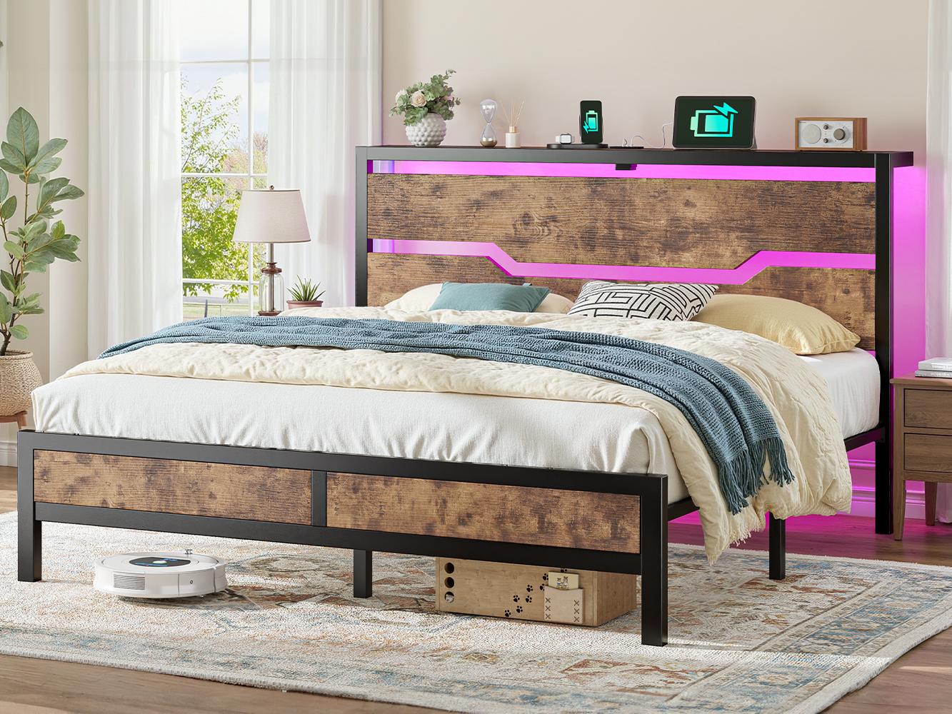Raybee LED Bed Frame for Queen King Full with Headboard & Storage Shelf, No Mattress, Modern Industrial Wood Platform Bed Frame with Built-In Charging Station, No Noise, Capacity 900LBS with Metal Slats for Bedroom, First Apartment, Teens, Dorms