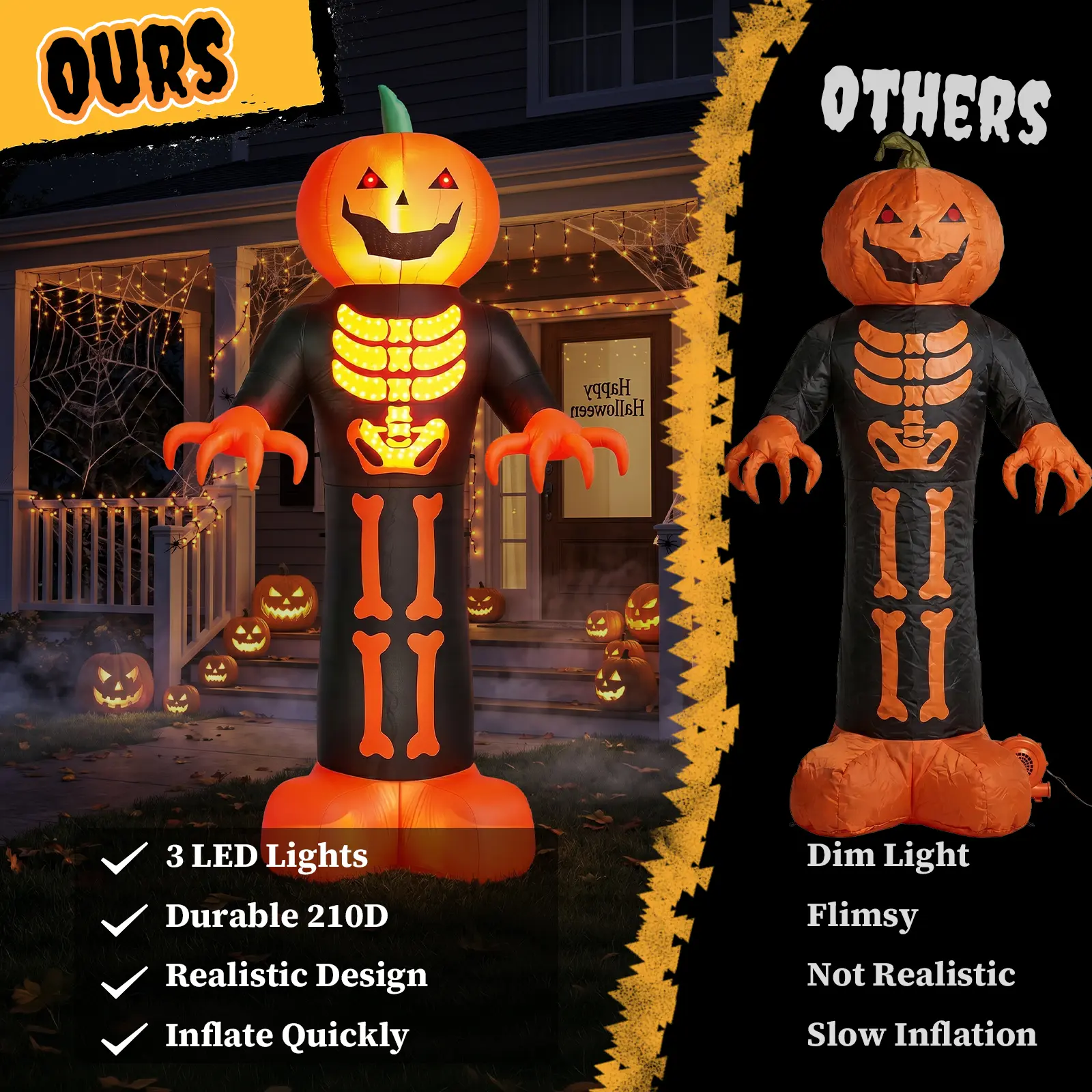 Figura inflable de 12 pies de la Parca con cabeza de calabaza espeluznante y 3 luces LED