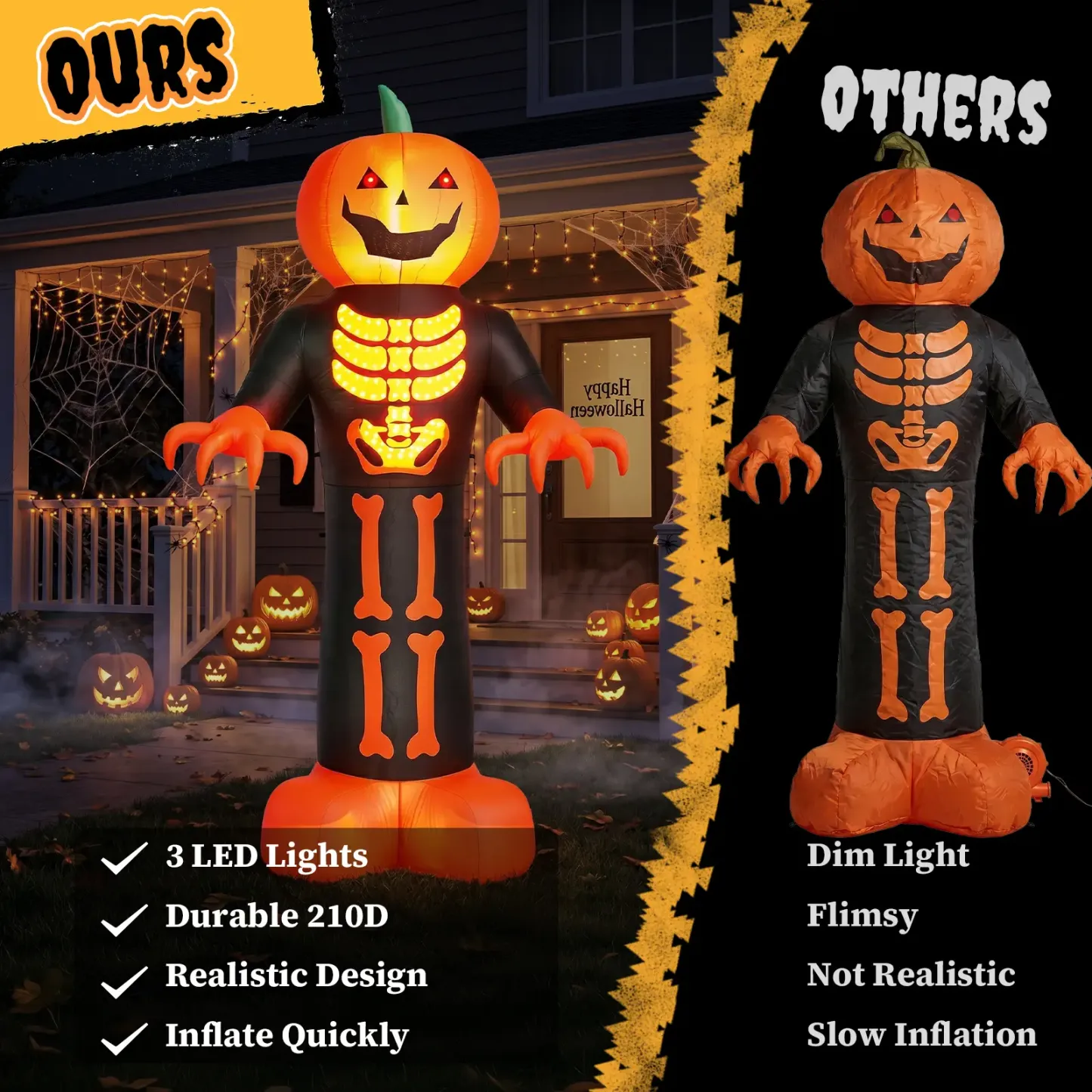Figura inflable de 12 pies de la Parca con cabeza de calabaza espeluznante y 3 luces LED