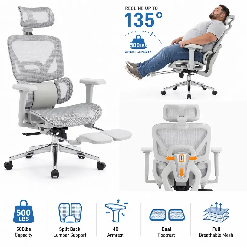 Silla de oficina comercial ergonómica de respaldo alto: reposabrazos ajustables en 6D, respaldo de malla de alta elasticidad, soporte lumbar de 3 zonas, asiento acolchado grueso, asiento ajustable ergonómicamente.